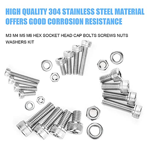 DYWISHKEY 520 PCS M3 M4 M5 M6, 304 Stainless Steel Hex Socket Head Cap Bolts Screws Nuts Washers Assortment Kit with Hex Wrenches Socket Head Screws
