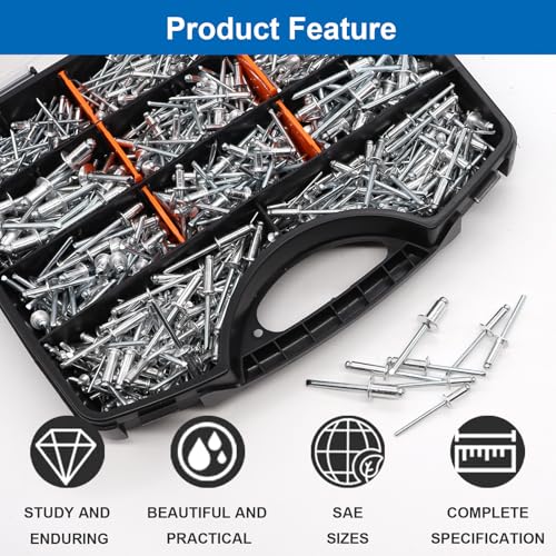 smseace 900Pcs Pop Rivets Assortment Kit 14-Sizes SAE (3/32 inch1/8 inch5/32 inch3/16 inch1/4 inch) Assorted Blind Rivets for Metal,Furniture,Automotive,Instrument Packed in Handheld Box