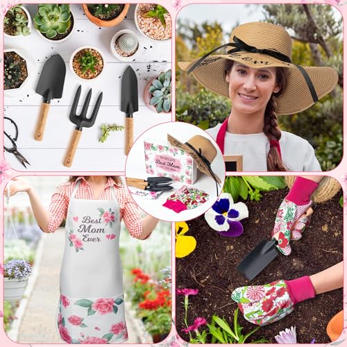 Mom Garden Tools Pink Hand Rake Transplanter Apron Trowel Straw Hat Planting Gloves Gardening Set with Box Outdoor Horticulture Starter for Best Mother in Law Plant Lover
