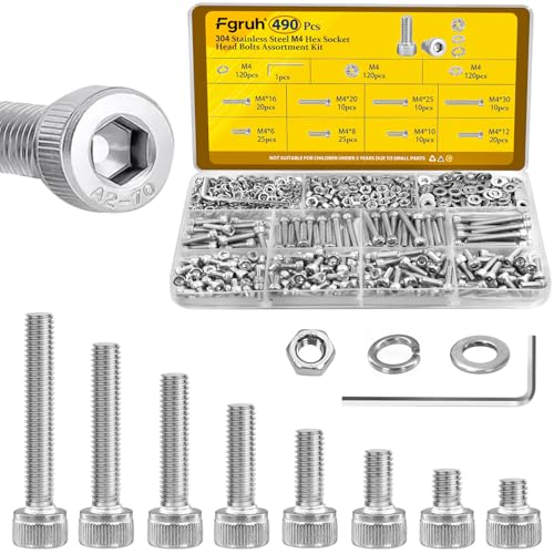 490Pcs M4 Hex Socket Head Cap Screw Bolts Kit & 1220PCS M3 M4 M5 M6 Metric Hex Socket Head Screws Assortment Kit, 304 Stainless Steel Screw Set with Nuts, Washers
