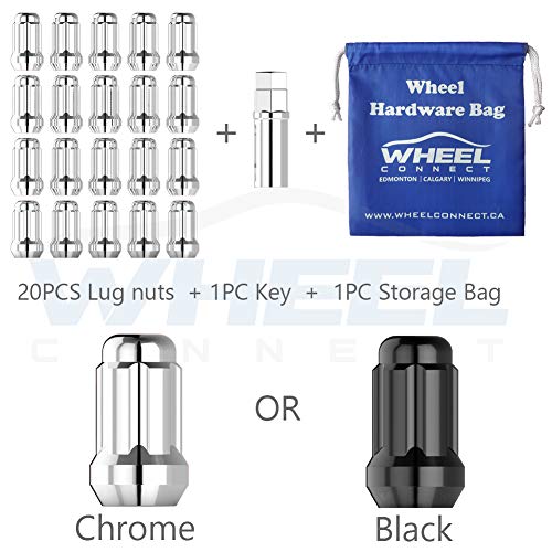 WHEEL CONNECT Spline Lug Nuts, Acorn for Conical Seat. 1/2-20, Thread, Set of 20 with 1 Key and 1 Storage bag, for Aftermarket Custom Tuner Wheel, Chrome Finish. 1/2" x 20. 1/2-20 RH