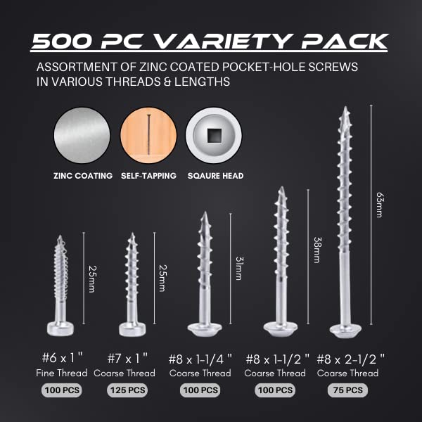 Massca Pocket Hole Screws Kit, 500 Wood Screws & Self Tapping Screws Set