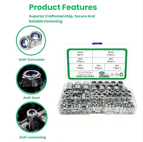 BOLDGNAITE 331pcs Metric Lock Nuts Assortment Kit,M3 M4 M5 M6 M8 M10 M12 Nylon Insert Locknuts, 304 Stainless Steel Self-Locking Nuts Set for Industrial and Home Use