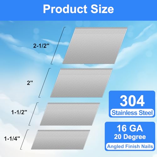 16 Gauge 20 Degree Angled 1-1/4~2-1/2" 304SS Finish Nails, 1800 Pack