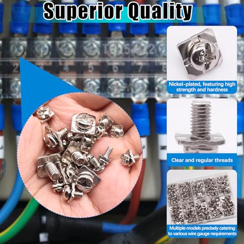 mxuteuk 215PCS Terminal Block Screws Kit,M3 M3.5 M4 M5 Terminal Screws,Nickel-Plated with Square Washers for Switch Plates,Electrical Panels and Terminal Blocks