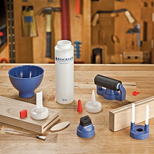 Rockler offers a wood glue applicator set with an 8oz bottle featuring a glue spout, red cap, and silicone brush for precise application. Their silicone glue applicator kit includes a glue brush, glue