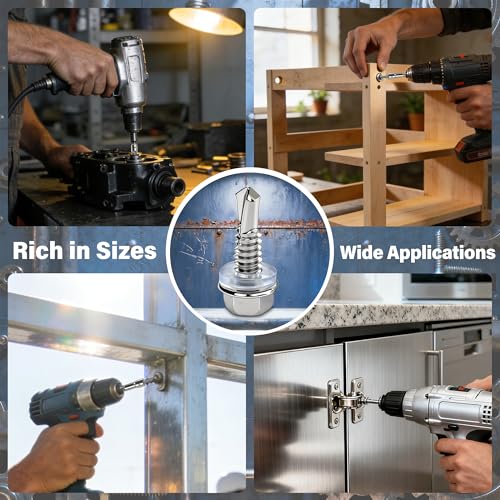 900PCS #8#10#12 Self Tapping Screws for Metal, 410 Stainless Steel Hex Washer Head Self Drilling Sheet Metal Screws Assortment Kit with Rubber Washers Silver
