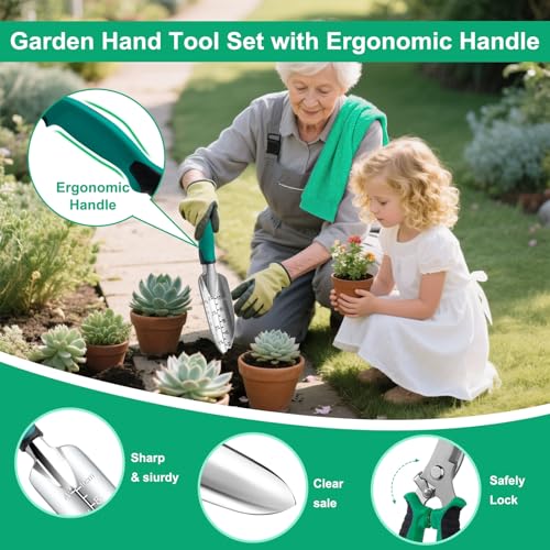 Gardening Tool Set Gifts for Women, Heavy Duty Garden Tools with Handbag Green