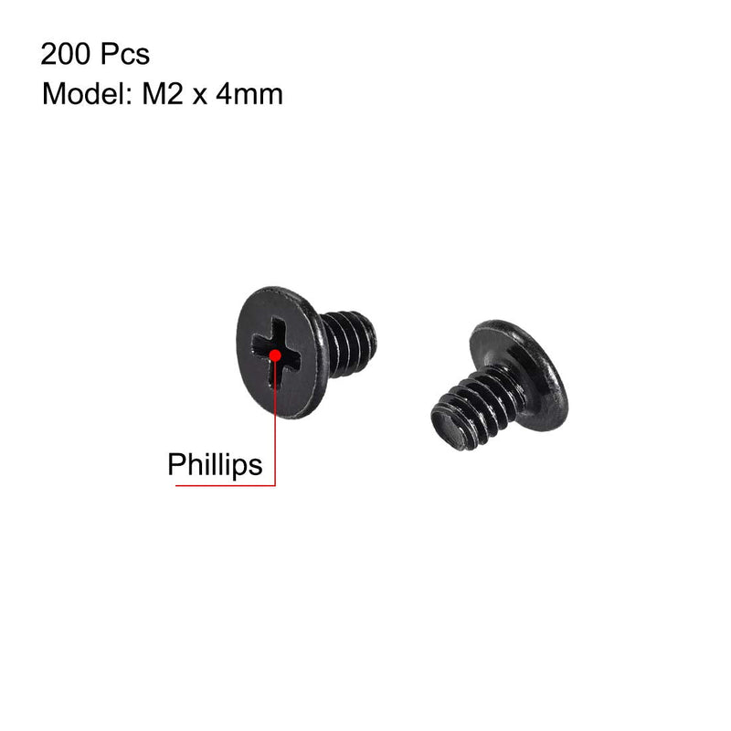 uxcell M2x4mm Phillips Screw Fastener Black 3.8mm Dia Screw Head for Laptop PC TV Fan Switch 200pcs