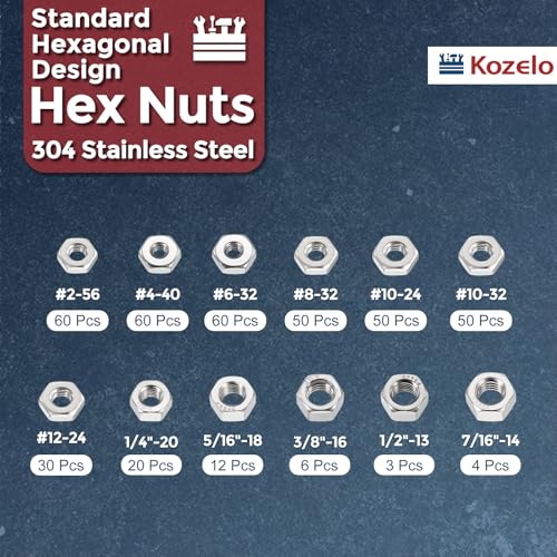 405pcs Hex Nuts Assortment Kit 304SS Hardware Nut Set Silver 1/4",5/16",3/8",7/16",1/2",#2#4#6#8#10 405