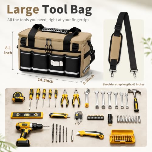 14-Inch Heavy Duty Tool Bag, 17 Pocket Tool Box Organizer Khaki