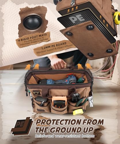 ARCFOX 14 Inch Portable Electrician Tool Bag 21 Pockets - Heavy Duty 16OZ Canvas Tool Bags Organizer with Wide Mouth & Adjustable Shoulder Strap for HVAC, Mechanics, Maintenance, UTV-Effortless Carry Household 14'' Washed Brown