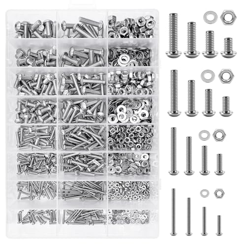 Mywish 900Pcs Alloy Steel M3 M4 M5 M6 Metric Screw Assortment Kit & 1290 Pieces M2 M3 M4 M5 Nuts and Bolts Assortment Kit, Button Head Socket Screws Set