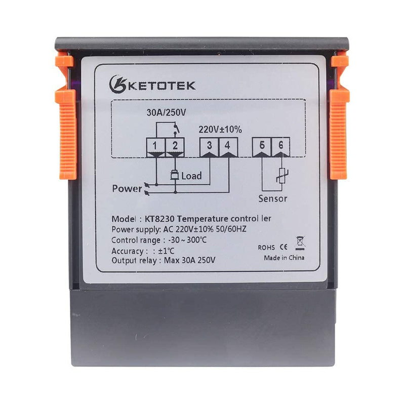 KETOTEK Temperature Controller with Sensor 230V 30A, Digital Thermostat Relay -30℃~300℃, Temperature Switch Cooling Heating Temperature Control for Incubator Reptiles 30A -30~300℃