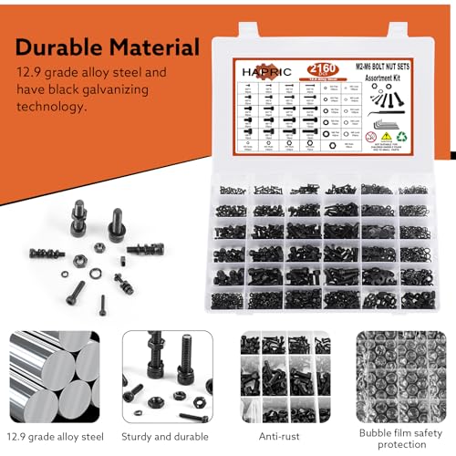 Hapric 2160 Pcs Metric Screw Assortment M2 M3 M4 M5 M6 Nuts and Bolt Kit Black M2-M6 Screw Assortment 2160Pcs