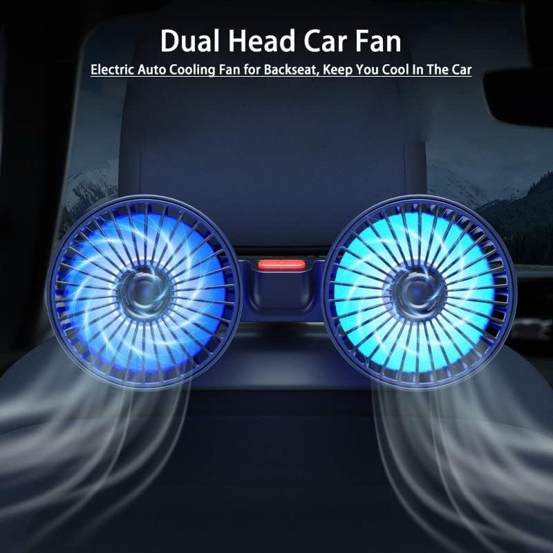 USB Car Fan,Adjustable Dual Head Clip Fan 360° Rotatable Cooling Air Fan for Rear Seat Passenger Portable Car Seat Fan Headrest for Vehicles, SUV, RV, Boat