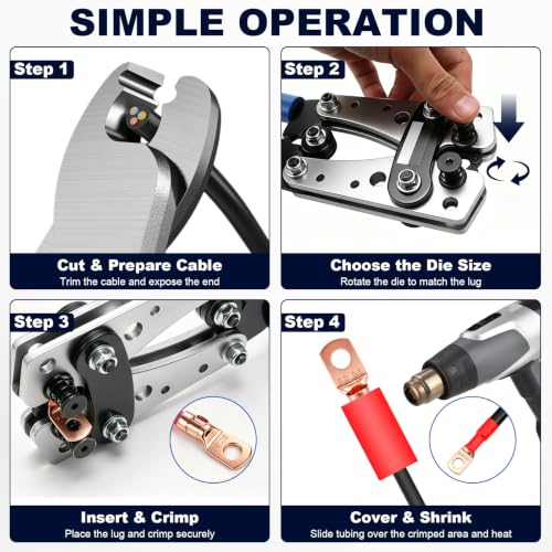 Battery Cable Lug Crimping Tool Kit, 176-Piece Accessory Set with 2 Tools, AWG 10-1/0 Lug Crimper with Cable Cutter, 96 Copper Lugs & 80 Heat Shrink Tubing for Automotive, RV, Marine, Solar 176 Pcs