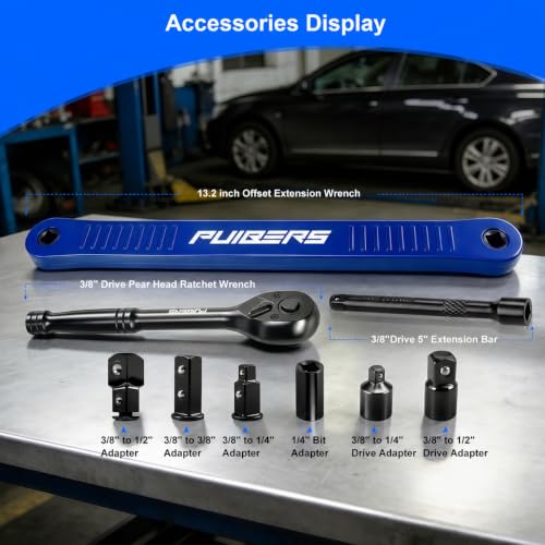 9 Pcs Offset Extension Wrench Set, Chain Drive 13.2" Wrench, 3/8" Ratchet Wrench with 5" Extension Bar, 1/4" 3/8" 1/2" Adapters, Automotive Repair Tool Kit for Tight & Hard-to-Reach Spaces