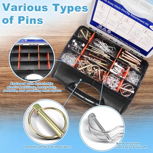 202PCS Hitch Pins, Standard Galvanized Steel 15 Sizes Hitch Pin Clip Pin Linch and PTO Pins Assortment Kit Fit for Trailers, Tractors, Trucks, Towing Mowings, Farm Equipments, Snow Plows, Lawn Mower 202PCS