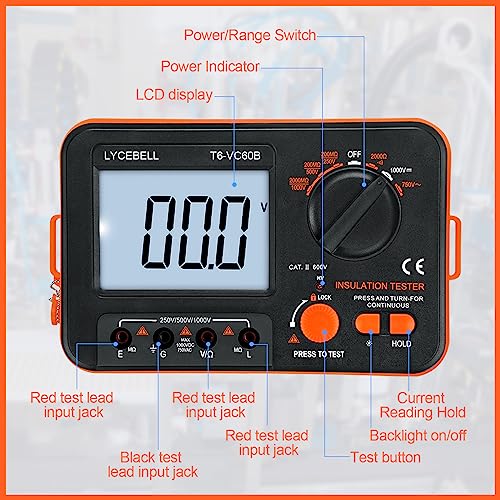 Digital Insulation Resistance Tester LC-VC60B Megohmmeter 0.1~2000 MΩ Insulation Tester with Backlight Display, DC 250V/500V/1000V, AC 750V Test Voltage with Sound Light Alarm Function