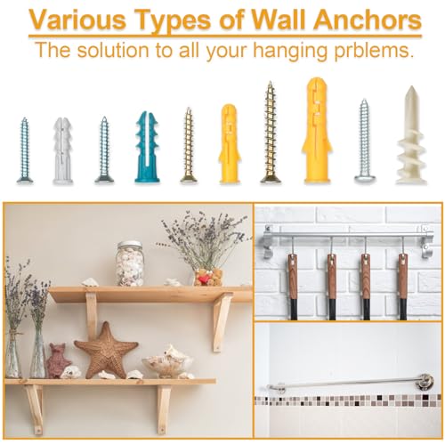 KURUI Drywall Anchors and Screws Assortment Kit, Plastic Wall Anchors and Flat Head Screws