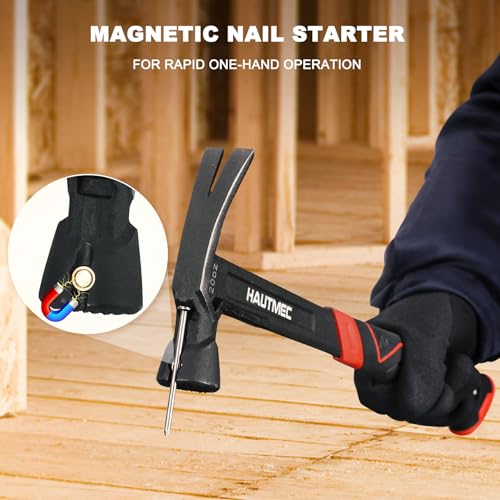 HAUTMEC 20 oz. One Piece Forged Framing Hammer With Straight Rip Claw Hammer, Milled Face, Shock-Absorbing Grip, with Magnetic Nail Holder, HT0371-HM 20oz Claw Hammer