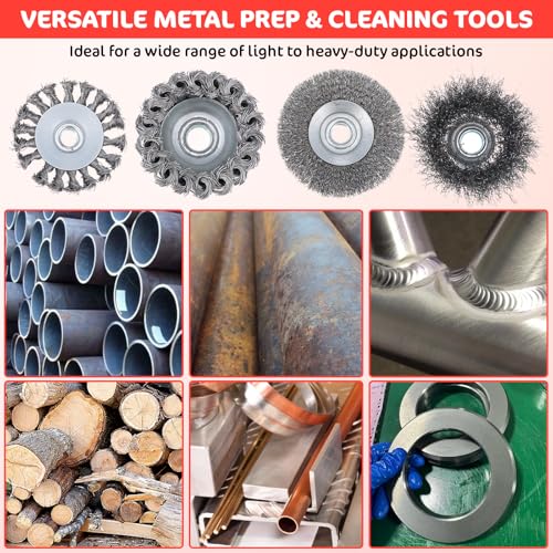 10-Pack Stainless Steel Wire Wheel & Cup Brush Set for 4-1/2" Angle Grinder - 4 & 3 Inch Knotted and Crimped Brushes with 5/8"-11 Threaded Arbor for Rust, Paint, Weld Removal
