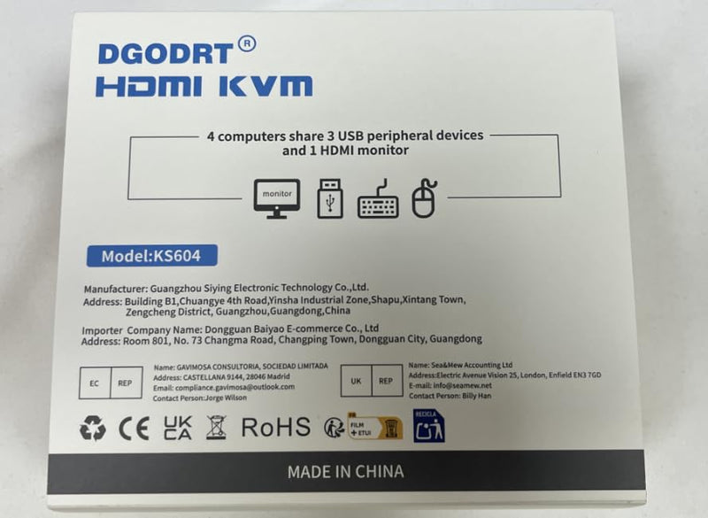 4K HDMI KVM Switch, 4 Port HDMI USB Switch for 4 Computer Share a 4K@30Hz Monitor and 3 USB Device Keyboard Mouse Printer, Including 4 KVM Cables