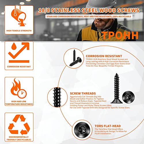 #8 X 3/4'' and #8 x 1'' Stainless Steel 18-8 (A2) Torx/Star Wood Screws, Black Coated Flat Head Full Threaded Screw by TPOHH, 200 PCS