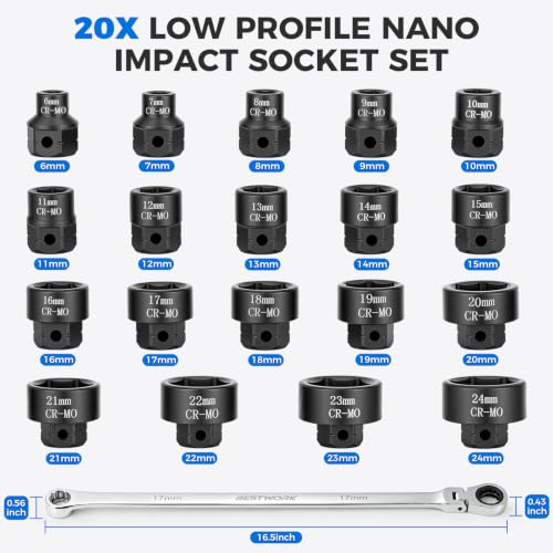 16.5" Long Flex Head Nano Ratchet Wrench & 19 Pcs 3/8" Nano Impact Sockets 20-Piece