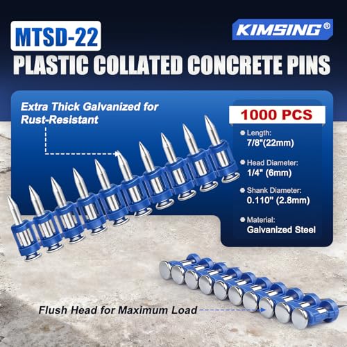 KIMSING 7/8 Inch Plastic Collated Concrete Pins, 1000PCS Box, 12 Gauge 1