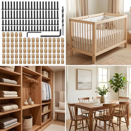 163-Piece 1/4"-20 Threaded Inserts for Wood Furniture, 80 Brass Insert Nuts, 40pcs 1/4"-20 x 3/4" Bolts, 40pcs 1/4"- 20 x 1-1/4" Bolts, Twist Drill Bit & 2 Wrenches, Complete Furniture Fastener Kit