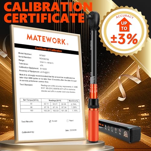 Matework 1/2 Inch Drive Click Torque Wrench, 10-180 ft.lb/13.6-244.1 Nm, ±3% High Precision Lug Nut Torque Wrench with 72 Tooth Dual-Direction for Moto, Wheel Tire and Car Repair 1/2-inch (1PC)
