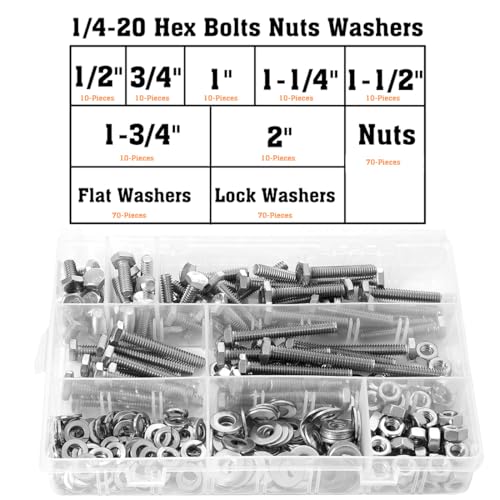 1/4-20 Hex Bolts Screws Hex Nuts Flat Washers Lock Washer Kit, Stainless Steel 304, Fully Threaded Hex Bolt 1/4-20 x 1/2" 3/4" 1" 1-1/4" 1-1/2" 1-3/4" 2" Length