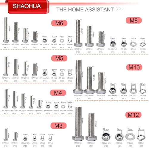 M3/M4/M5/M6/M8/M10/M12 Metric Bolt Assortment Kit, 304 Stainless Steel Heavy Duty Flat Hex Head Screws Bolts and Nuts Kit, Nuts Flat Gasket and Lock Washers Assortment Ki, Silver, 351Pcs Silver - 351PCS M3 M4 M5 M6 M8 M10 M12