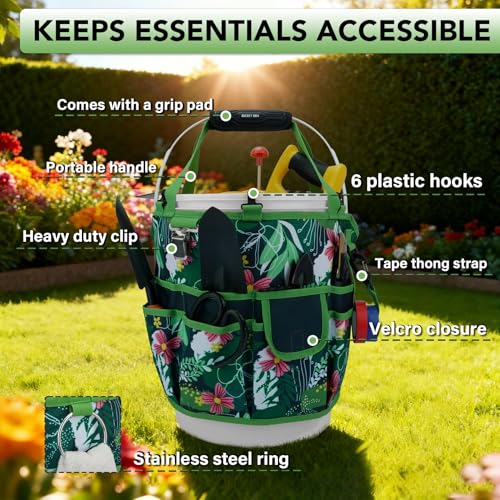 KUNN Garden Tool Waist Belt - 4 Deep Pockets Tool Apron for Women Men,Utility Pouch + Bucket Tool Organizer 5 Gallon 18-Pocket Gardening Tool Bag with Hangable Handle