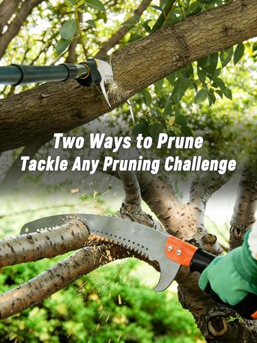 11-foot lightweight manual pruning saw with integrated telescopic pole, stainless steel blade, no assembly required. Long-reach pruning saw suitable for yards, gardens, patios, and forestry work. 11.3FT