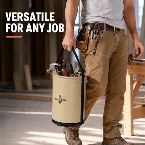 Canvas Tool Bucket with Plastic Bottom & Drain Holes, Heavy-Duty Work Bag