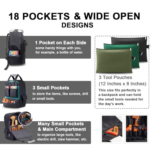 Tool Backpack for Men 18 Inch Heavy Duty Waterproof Multiple Pockets Tool Bag Organizer with Shoulder for Electrician Mechanics HVAC Engineer Black