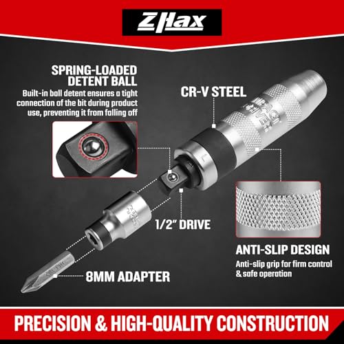 ZHAX 1/2" Hand Impact Driver Set, 15-Piece Reversible Impact Screwdriver with CR-V Steel Bits, for Stripped Screws & Rusted Bolts, Includes Slotted, Phillips & Hex Bits, Storage Case