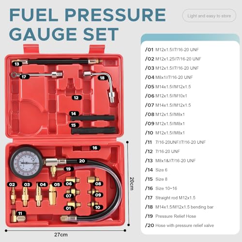 Fuel Pressure Tester Kit 0–140 PSI, Fuel Injection Pressure Tester & Fuel System Pressure Gauge Kit with Hoses and Adapters for Gasoline Cars Trucks Motorcycles（Red） （TU-114Red）