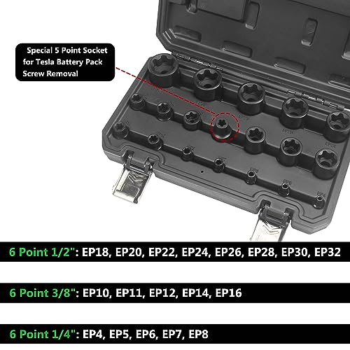 19pc External Torx Plus Socket Set 6 Point EP4, EP5, EP6, EP7, EP8, EP10, EP11, EP12, EP14, EP16, EP18, EP20, EP22, EP24, EP26, EP28, EP30, EP32 with 1/2'' 3/8'' 1/4'' Dr E-Torx Plus Socket