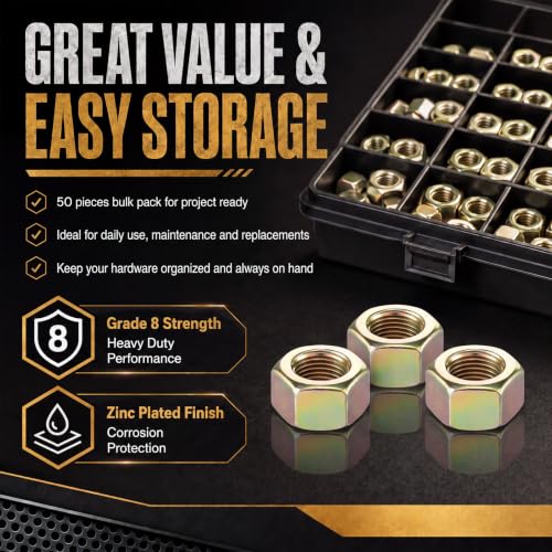50 Pcs 5/8"-18 Hex Nuts, Grade 8 Yellow Zinc Plated Carbon Steel