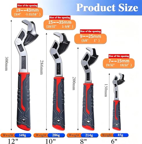 Self Adjusting Pipe Wrench, 6” 8” 10” 12" Pipe Wrench Set, Plumbers Wrench with Self Tightening Function for 9/32" to 1-11/16" (7-43mm) Pipe Fittings, Standard Nuts and Irregular Nut 6+8+10+12 Inches