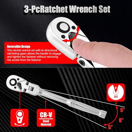 3-Piece Flex Head Ratchet Set，1/4 3/8 1/2 Inch Drive Swivel Head Ratchet Wrench，72-Tooth with Quick-Release Reversible Design, Chromium-Vanadium Steel Made, Fully Polished Silver 3pcs Flex Head Ratchet