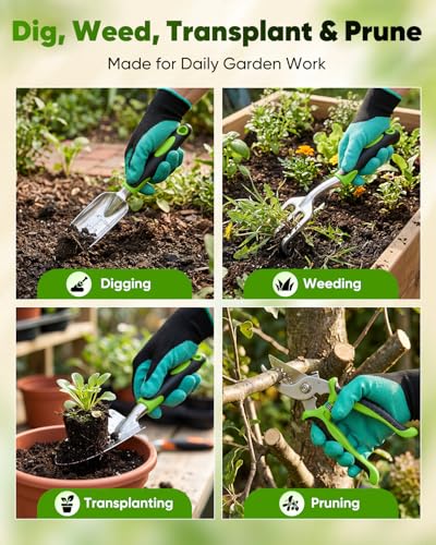 Garden Tool Set Gardening Tools - Heavy Duty Aluminum Tool Kit with Non-Slip Handle, Gardening Gloves and Tool Bag for Weeding, Planting and Pruning, Gifts for Women Mom (Green Set) GREEN SET
