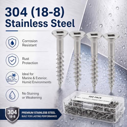500 Pack #8 x 1-1/4 Inch Deck Screws, 304 (18-8) Stainless Steel Wood Screw