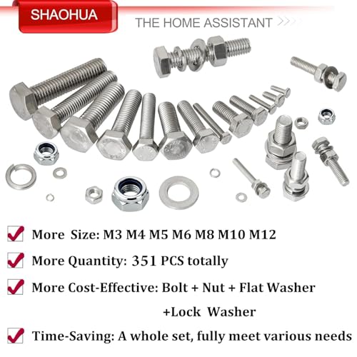 M3/M4/M5/M6/M8/M10/M12 Metric Bolt Assortment Kit, 304 Stainless Steel Heavy Duty Flat Hex Head Screws Bolts and Nuts Kit, Nuts Flat Gasket and Lock Washers Assortment Ki, Silver, 351Pcs Silver - 351PCS M3 M4 M5 M6 M8 M10 M12