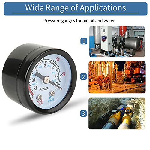 Air Compressor Pressure Gauge, 0-180 PSI, 0-12 Bar, 42mm Diameter, 10mm Thread, Black Iron Shell