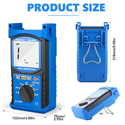 Digital Insulation Resistance Tester, RQ-6688F Voltage Tester 250/500/ 1000/ 2500V, Auto Range Megohmmeter 1MΩ~20GΩ, Resistance Tester with 1999 Count LCD Display, Data Hold, Back-Light （Battery） US-RQ-6688F